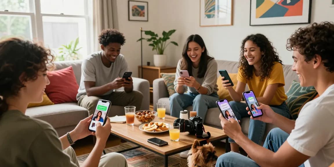 Dynamic living room where friends engage with their snap chat mega feeds, creating a fun and inviting atmosphere.