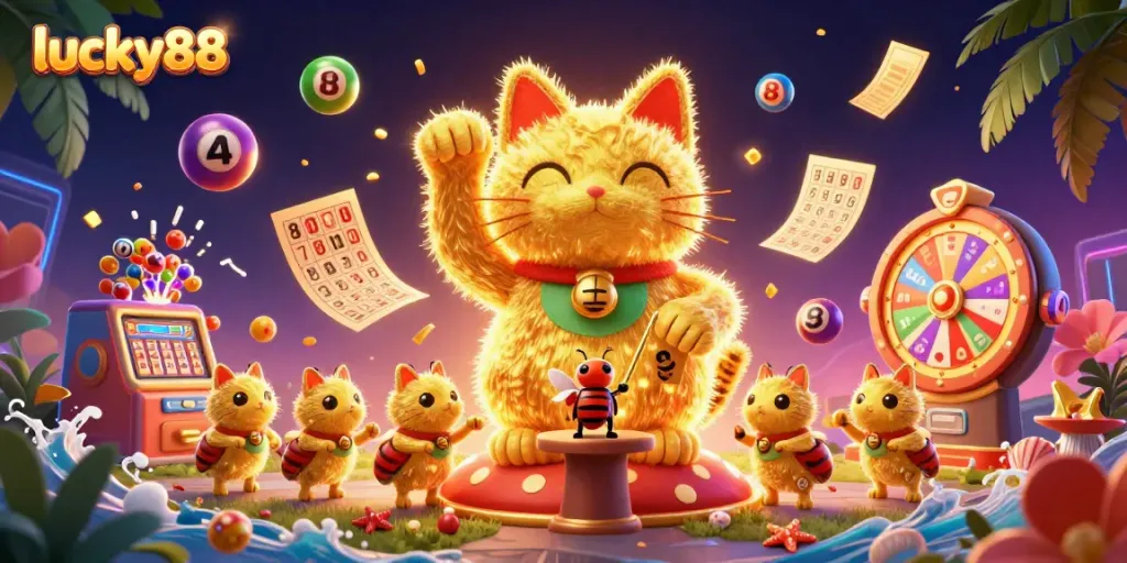 Immerse in lucky88's world of vibrant lottery balls and a golden cat embodying casino excitement.