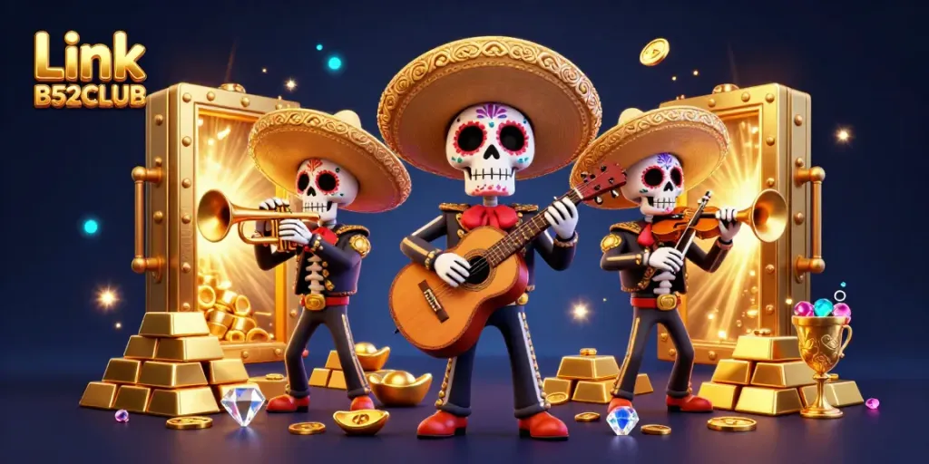 Experience vibrant energy in the Link B52CLUB scene featuring a cute mariachi band surrounded by treasure.