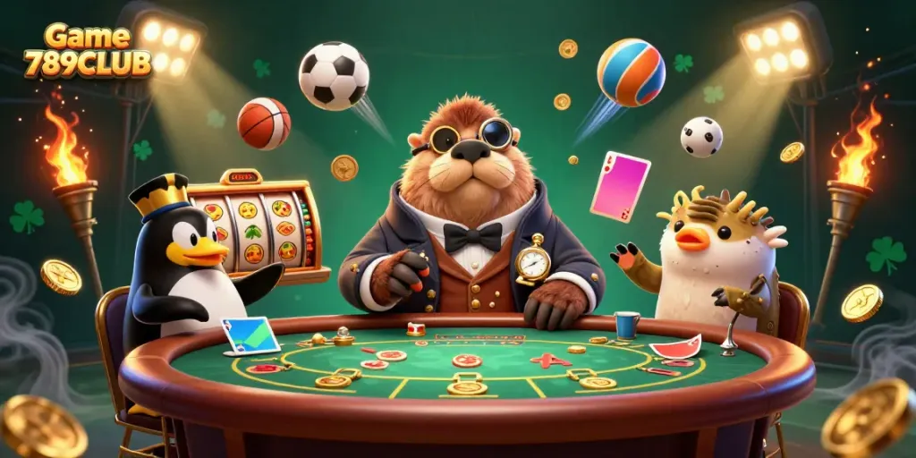 Experience the excitement of Game 789CLUB with a 3D illustration showcasing vibrant casino action.