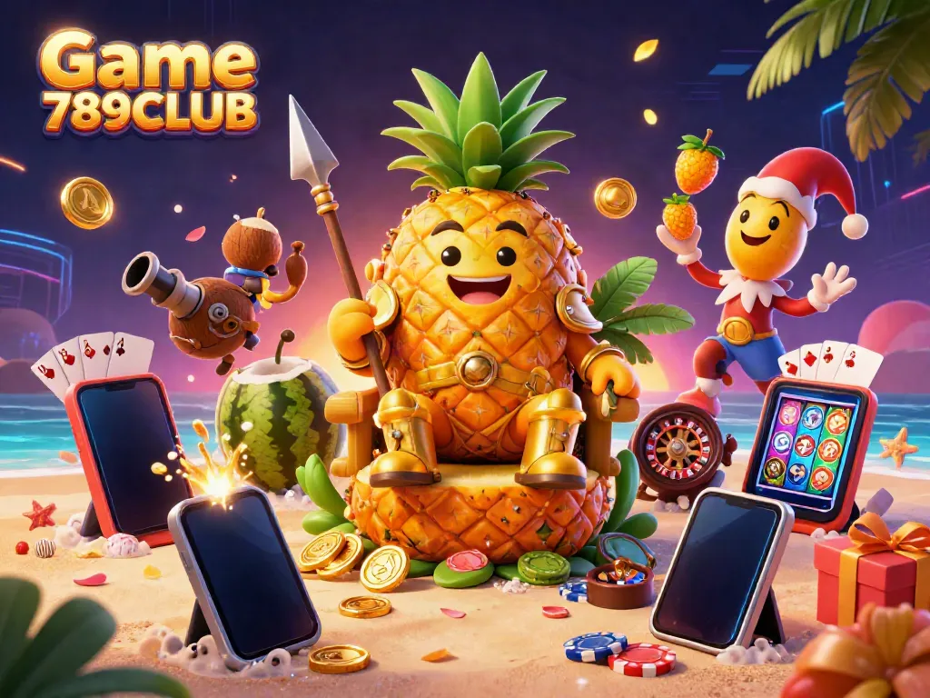 Experience the excitement of Game 789CLUB with a golden pineapple king and lively casino elements in this vibrant illustration.