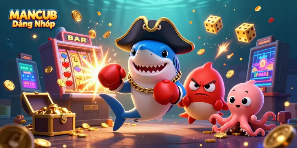 MANCUB Đăng Nhập features a dynamic scene with a playful shark, pufferfish, and octopus surrounded by vibrant casino elements.