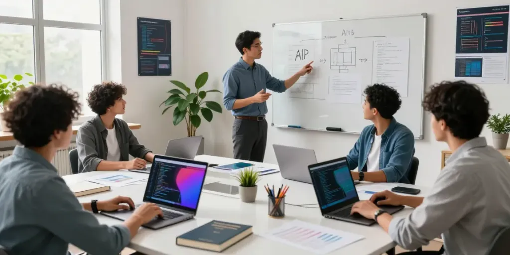 Team collaborating on OpenAI-compatible API for multiple models in a modern office.