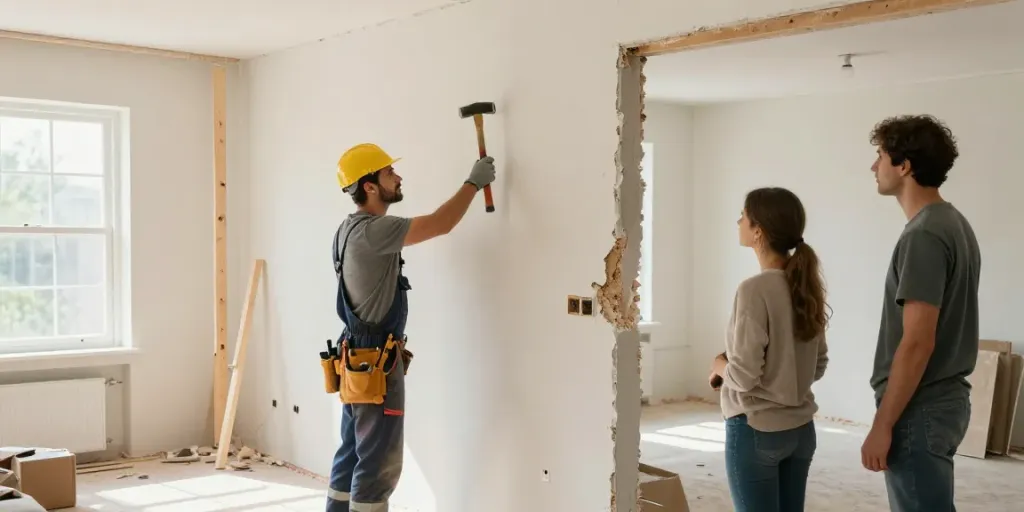 Professionele renovatie door MJ Renovatie Nederland, draagmuur wordt verwijderd.