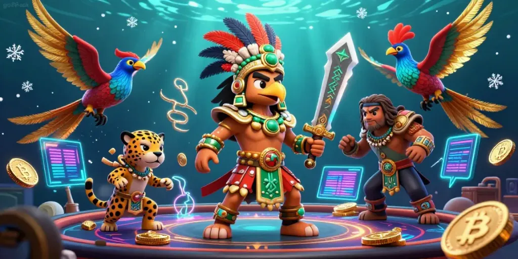 Engage with the go88 apk environment featuring Aztec warriors amidst a vibrant casino scene enriched with crypto elements.