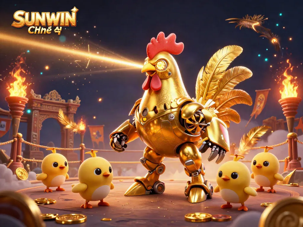 Join the action with SUNWIN Chính thức, a vibrant golden rooster robot leading baby chicks in a dynamic casino adventure.