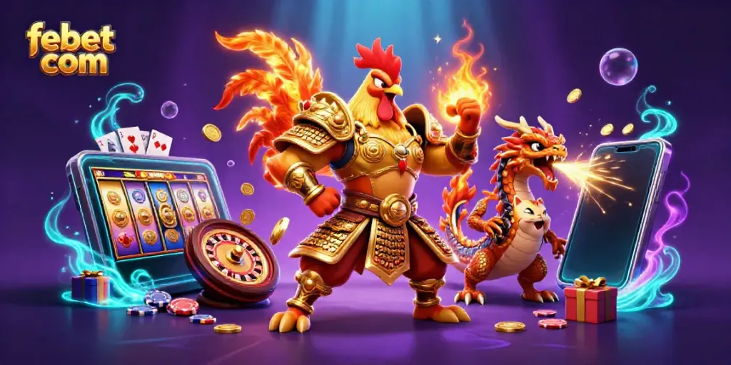 Experience thrilling moments at febet com with a majestic rooster warrior and dragon amidst vibrant casino elements.