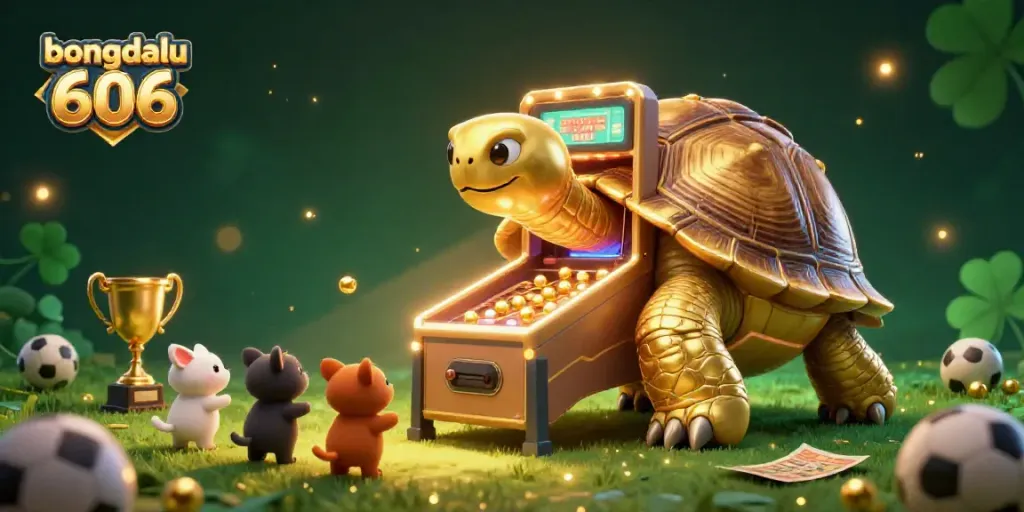 Engage in thrilling sports betting with bongdalu 606, featuring an energetic scene with a golden tortoise pinball machine.
