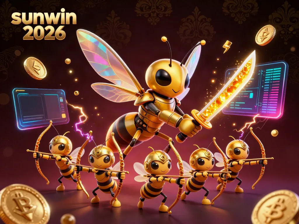 Explore sunwin 2026 with a vibrant casino-themed 3D illustration featuring a samurai hornet and bee archers.