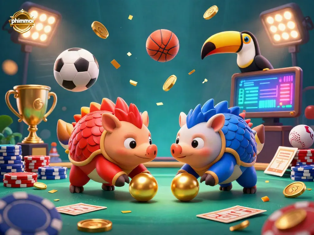 Experience phimmoi excitement with rival pangolins bowling through poker chips in a vibrant casino scene.