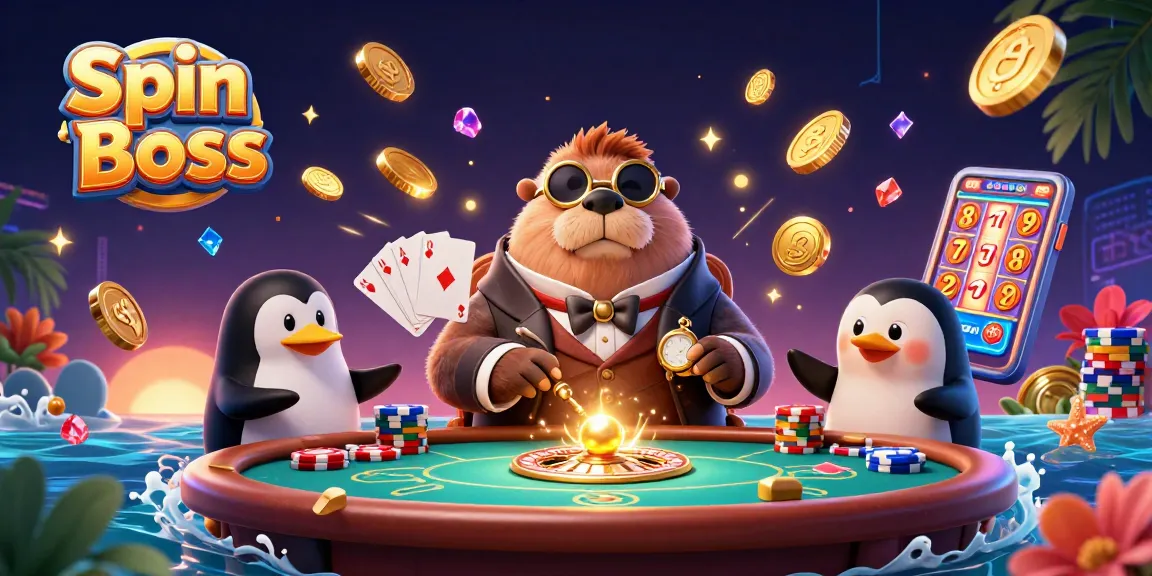 Spin Boss players enjoying a thrilling poker game with vibrant casino elements in lively underwater scene.