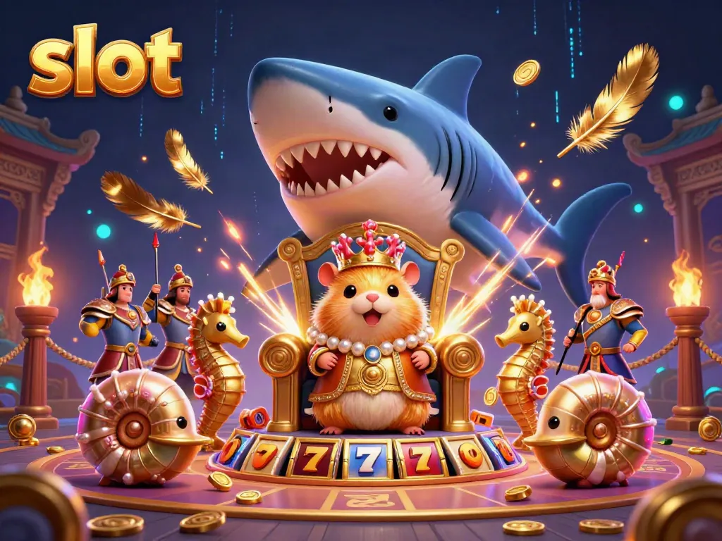 Engage in dynamic slot gameplay alongside a golden hamster king in a thrilling casino scene.