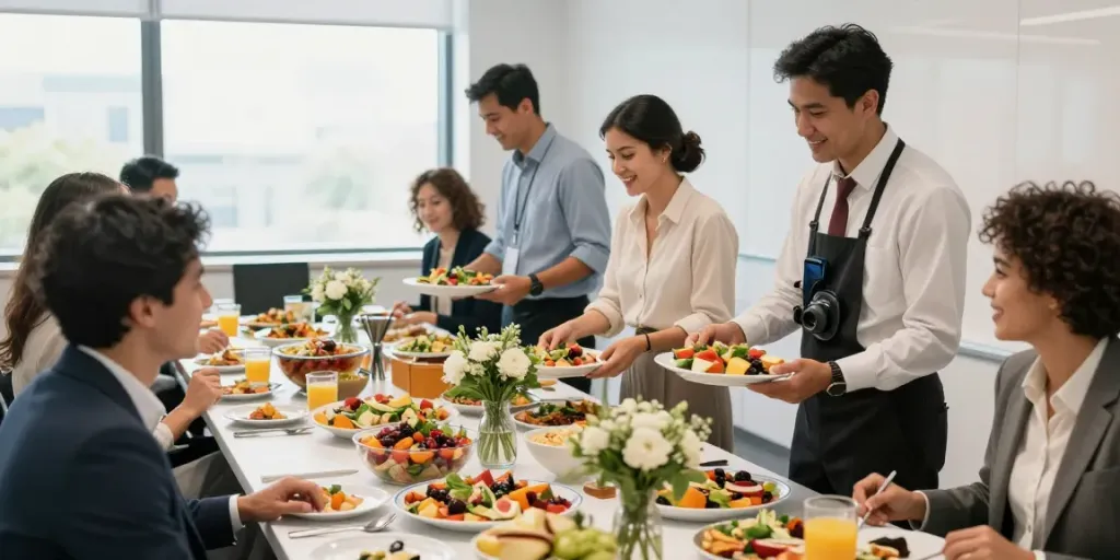 Een levendige catering voor bedrijven met medewerkers die genieten van een gezond mediterraan buffet.