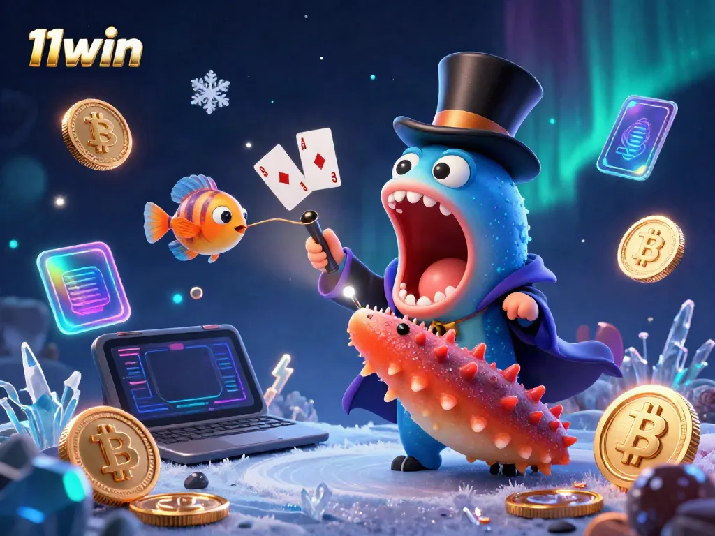 Engage with 11win in an artistic underwater casino setting showcasing thrilling characters and vibrant crypto elements.