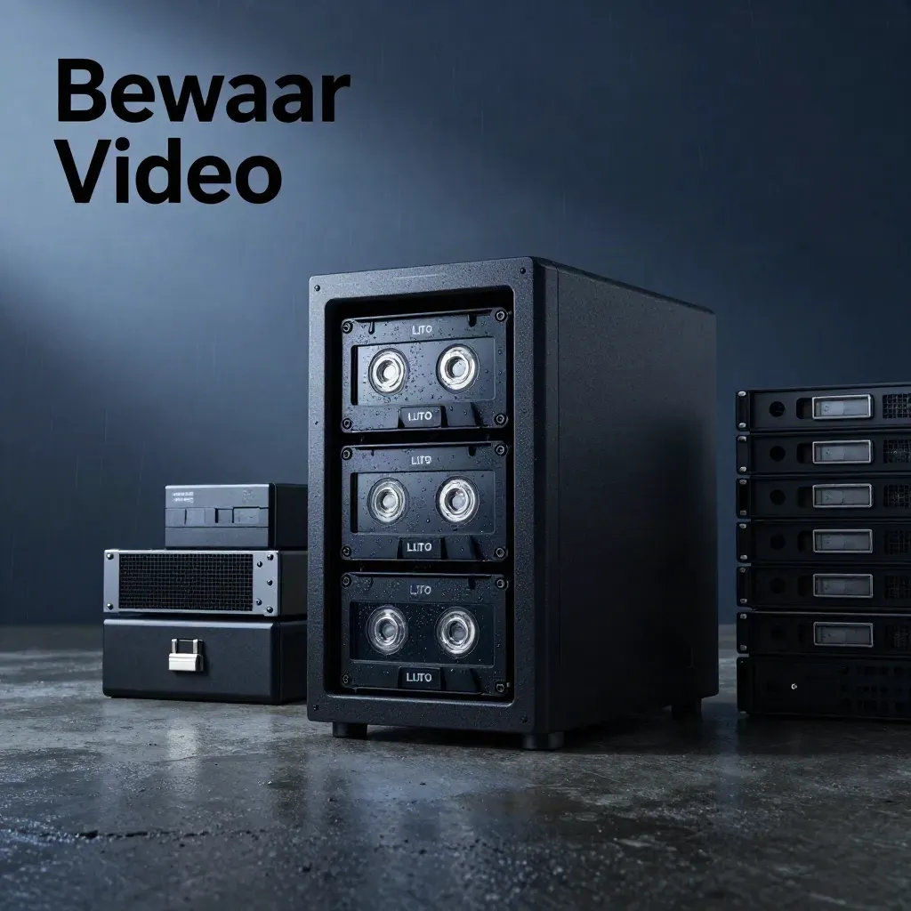 Matte-zwarte NAS-toren met LTO-tapes, SSD-cassette en archieftrays in blauw uur.