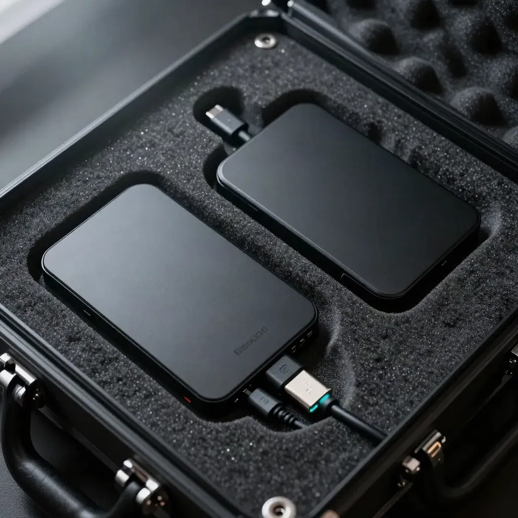 Twee back-updrives in schuimvakken met USB-C-kabel en metalen houder, van boven macro.
