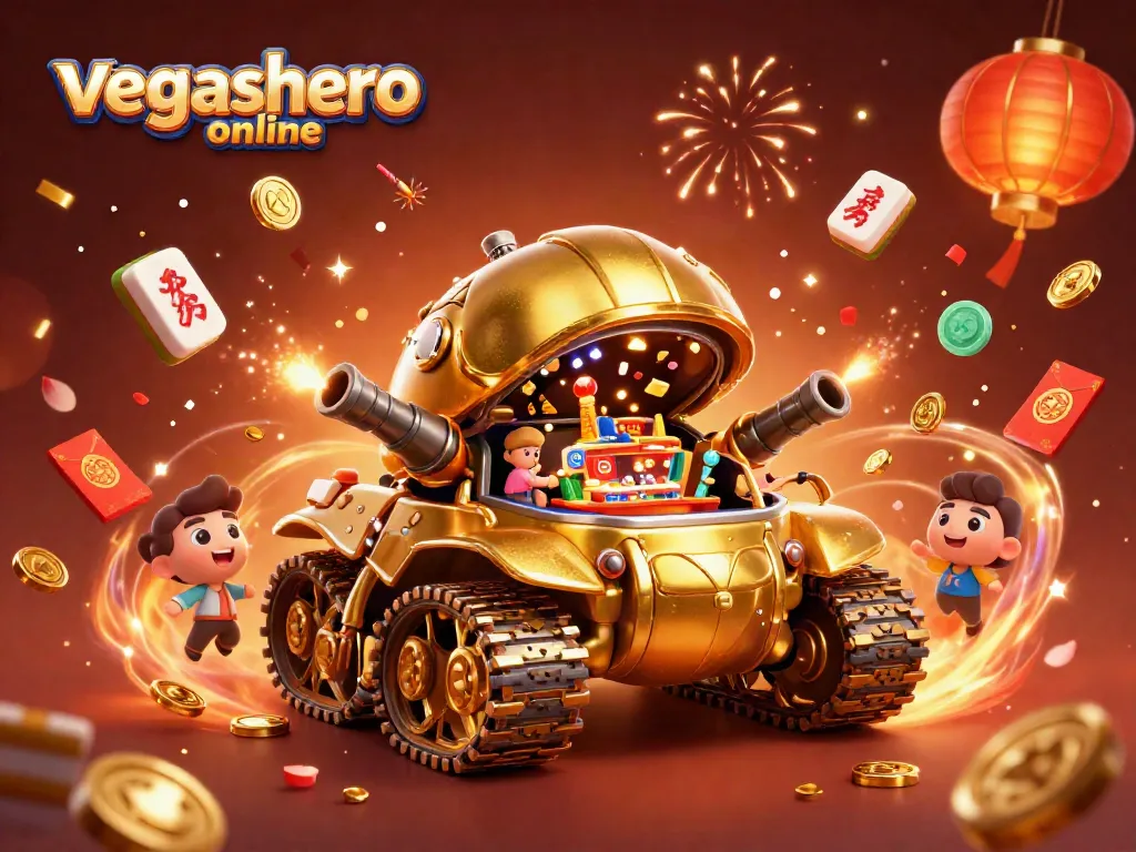 Experience the thrill of vegashero online showcasing a golden beetle tank casino in vibrant 3D illustration.