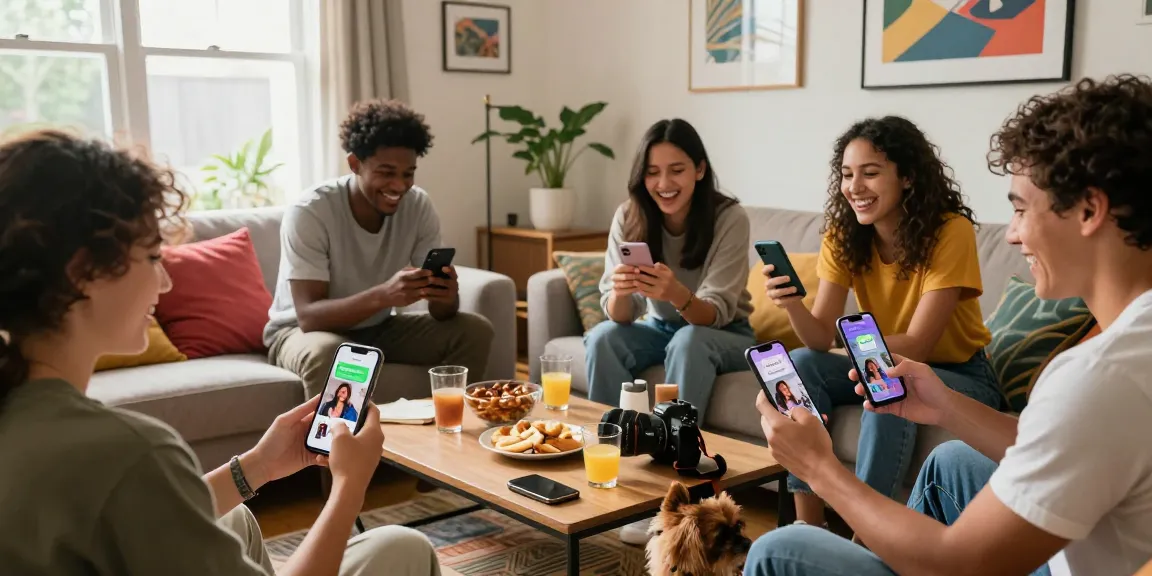 Dynamic living room where friends engage with their snap chat mega feeds, creating a fun and inviting atmosphere.