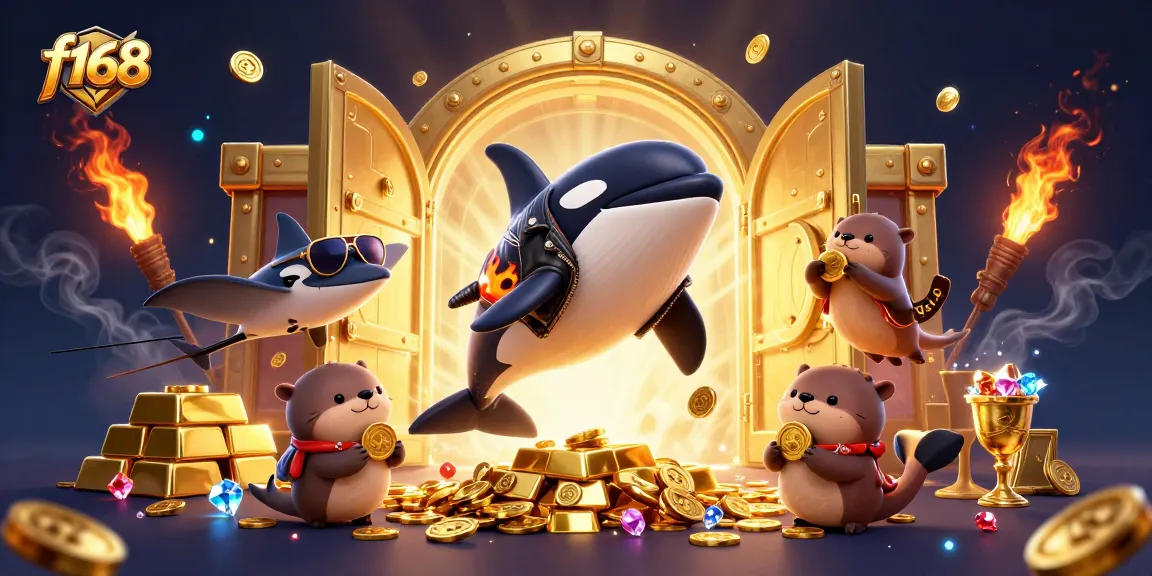 Engage in thrilling gaming with f168 as vibrant sea creatures celebrate wealth in a 3D casino world.