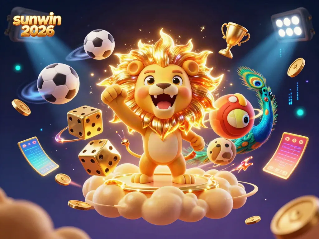 Experience the excitement of sunwin 2026 with a dynamic 3D casino scene featuring a sun lion and sports elements.