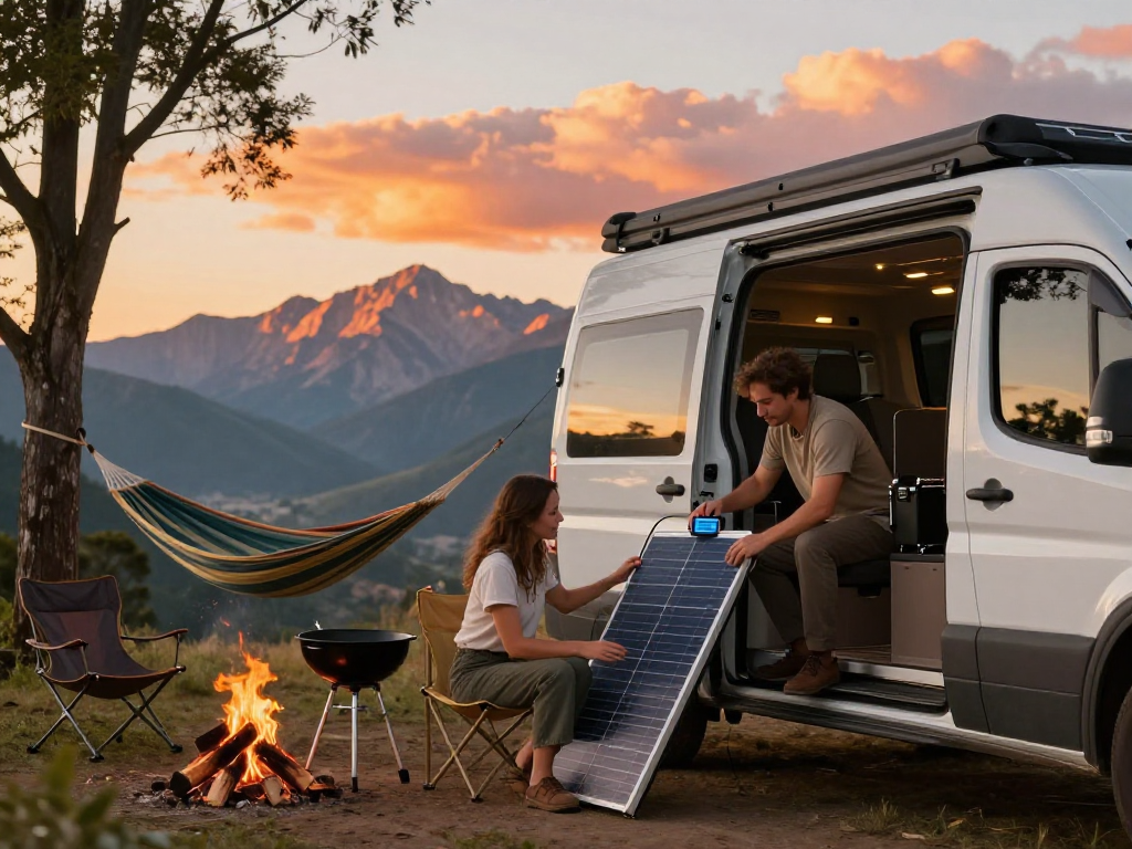 Couple managing solar panels and batteries for their rokok88 camper van at sunset.