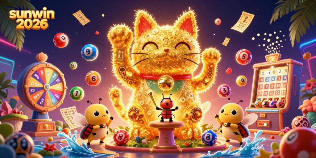 Experience the thrill of sunwin 2026 with a stunning lucky cat illustration and vibrant casino elements.