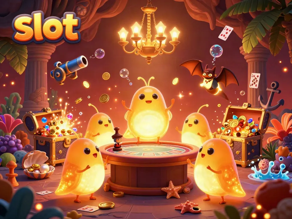 Experience slot excitement with a vibrant cave casino scene illuminated by glowworms.