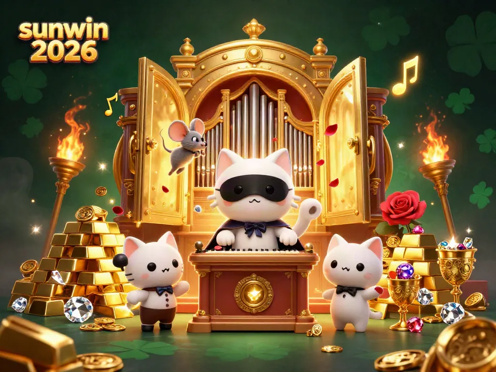 Experience sunwin 2026 with a vibrant casino scene featuring a masked cat and acrobat amidst rich treasures.