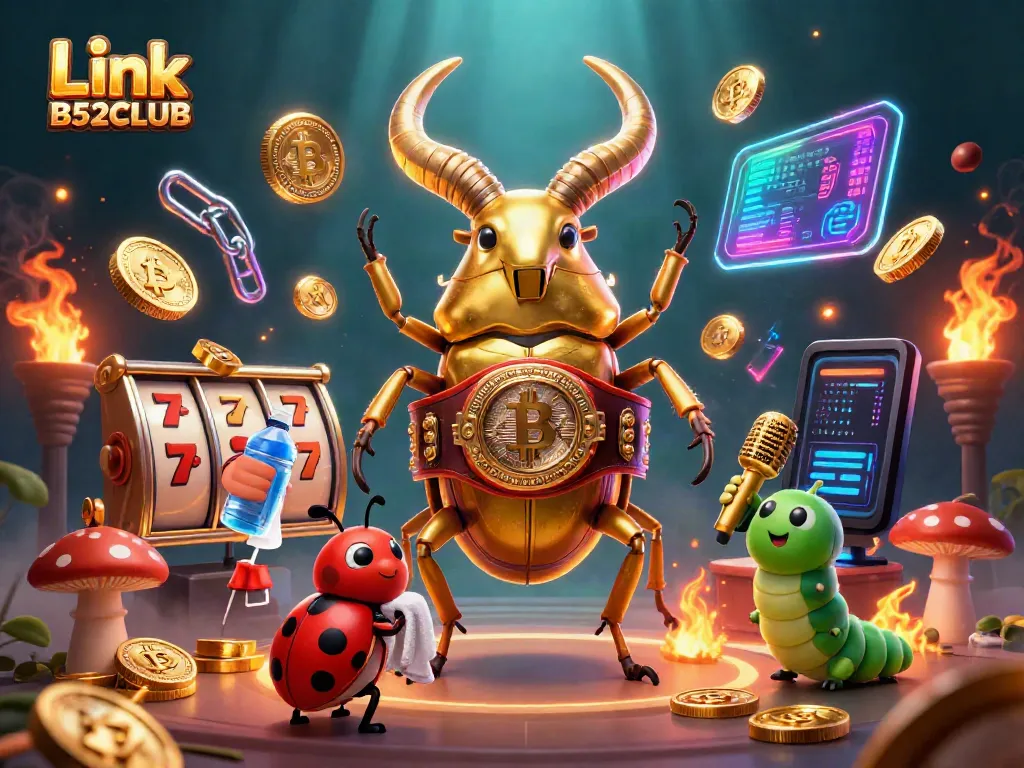 Engage in thrilling gameplay with Link B52CLUB, showcasing a golden stag beetle facing off in a vibrant casino setting.