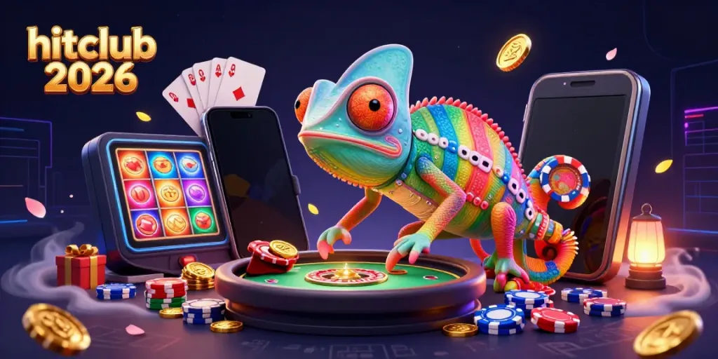 Engage with Hitclub 2026's thrilling casino adventure featuring vibrant gaming elements and a colorful chameleon mascot.