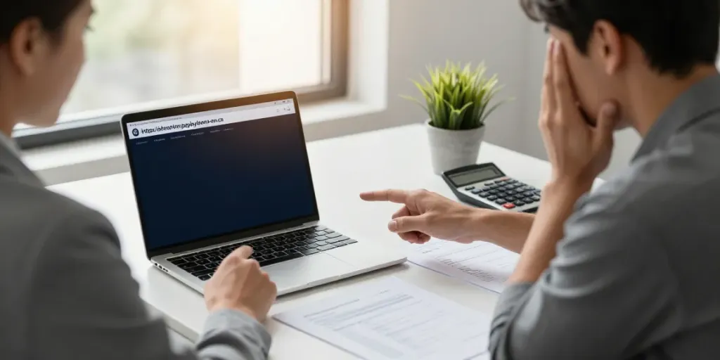 Client consulting about payday loans on https://edmonton.paydayloans-on.ca/ with financial advisor in a professional office.