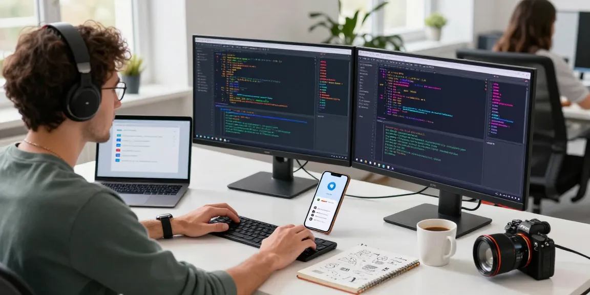 Download Telegram on a modern tech workspace with dual monitors, highlighting coding activities, communication tools, and a vibrant office environment.