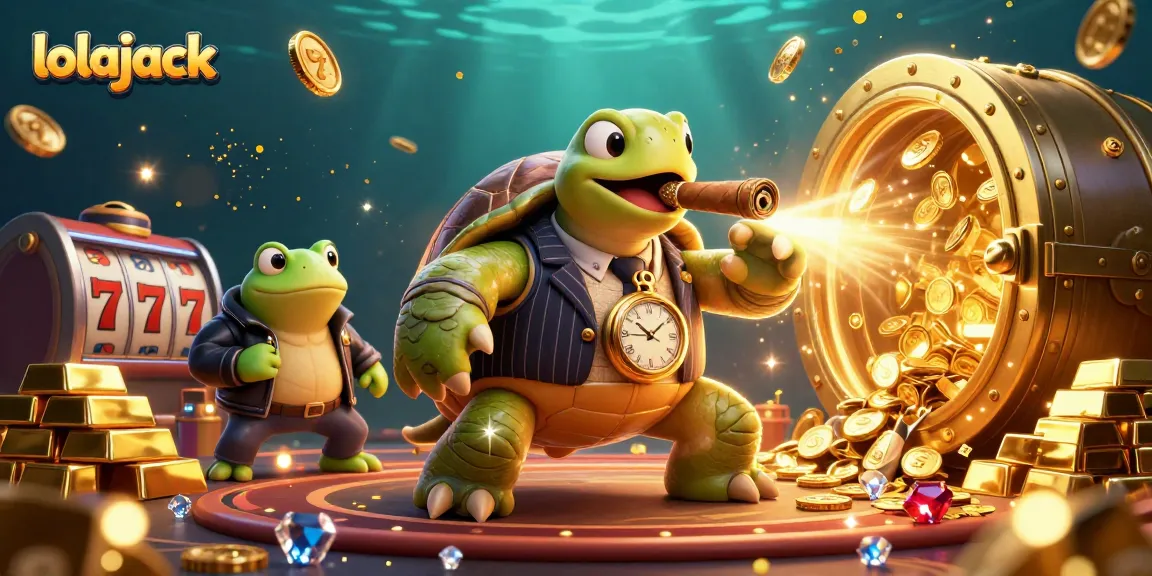 Experience thrilling casino adventures with lolajack featuring a cartoon turtle and bullfrog enforcers amidst treasures.