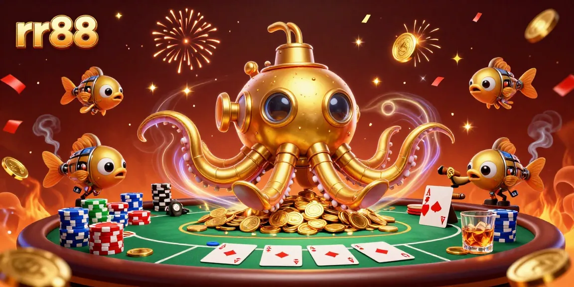 Engage with the rr88 online casino experience amid golden coins and poker excitement.