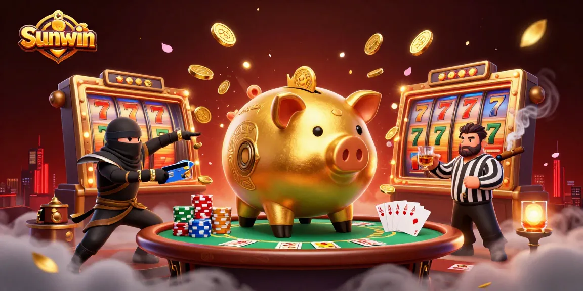 Experience thrilling wins with Sunwin's vibrant illustration of a golden piggy bank sumo wrestler in action!
