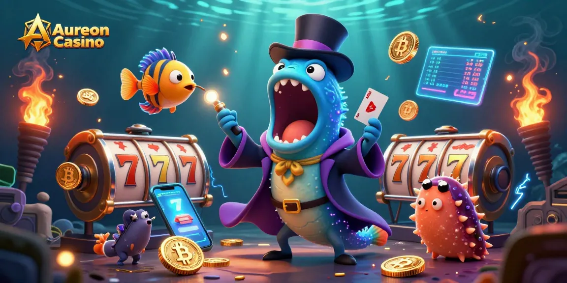 Engage with Aureon Casino's thrilling games featuring a deep-sea magician and vibrant elements.