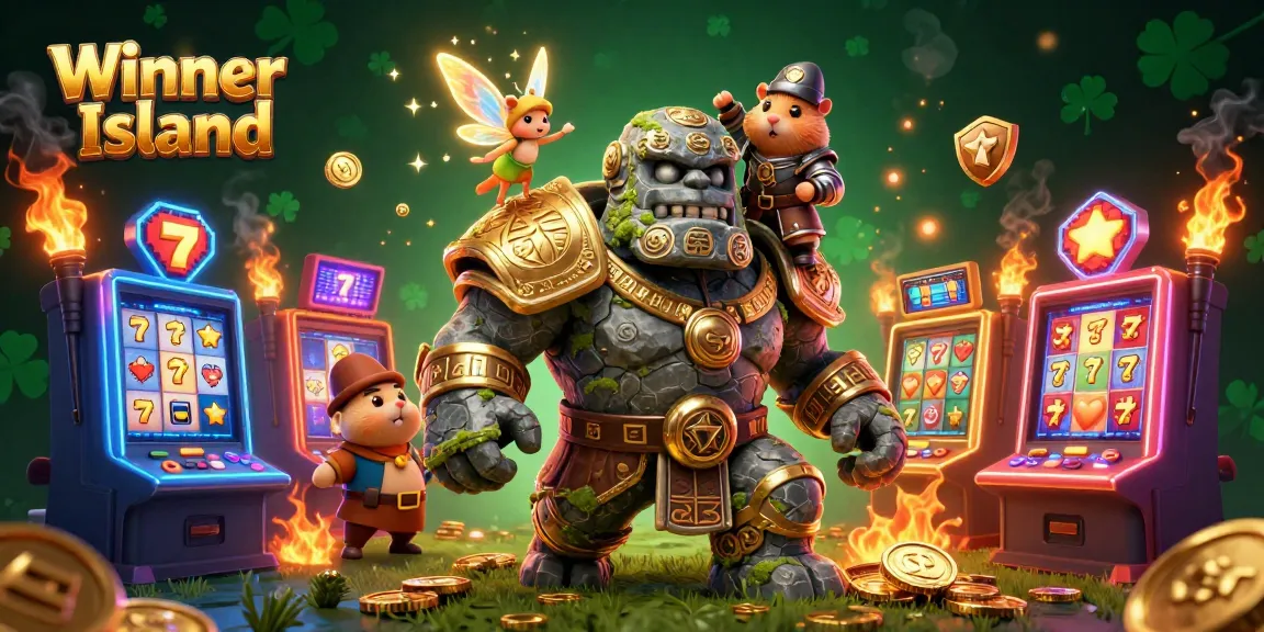Experience vibrant action at Winner Island Casino with a golem guardian and fairy knight in a dynamic gaming scene.