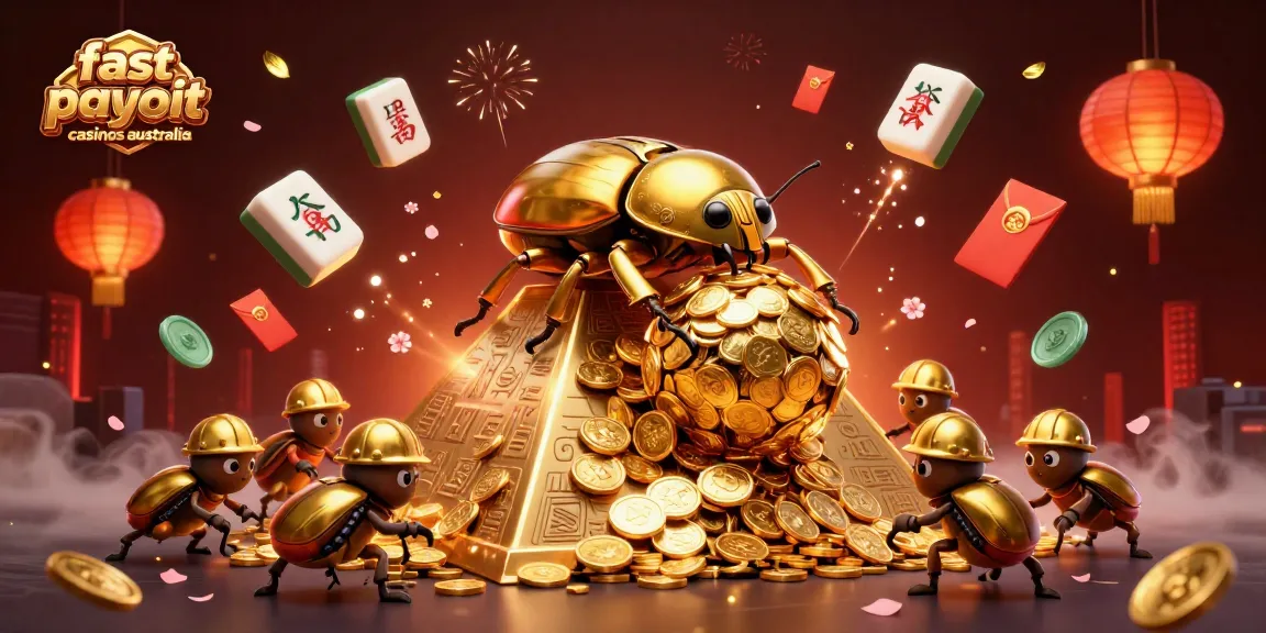 Experience fast payout casinos Australia with a thrilling 3D casino scene featuring golden beetles and vibrant decorations.