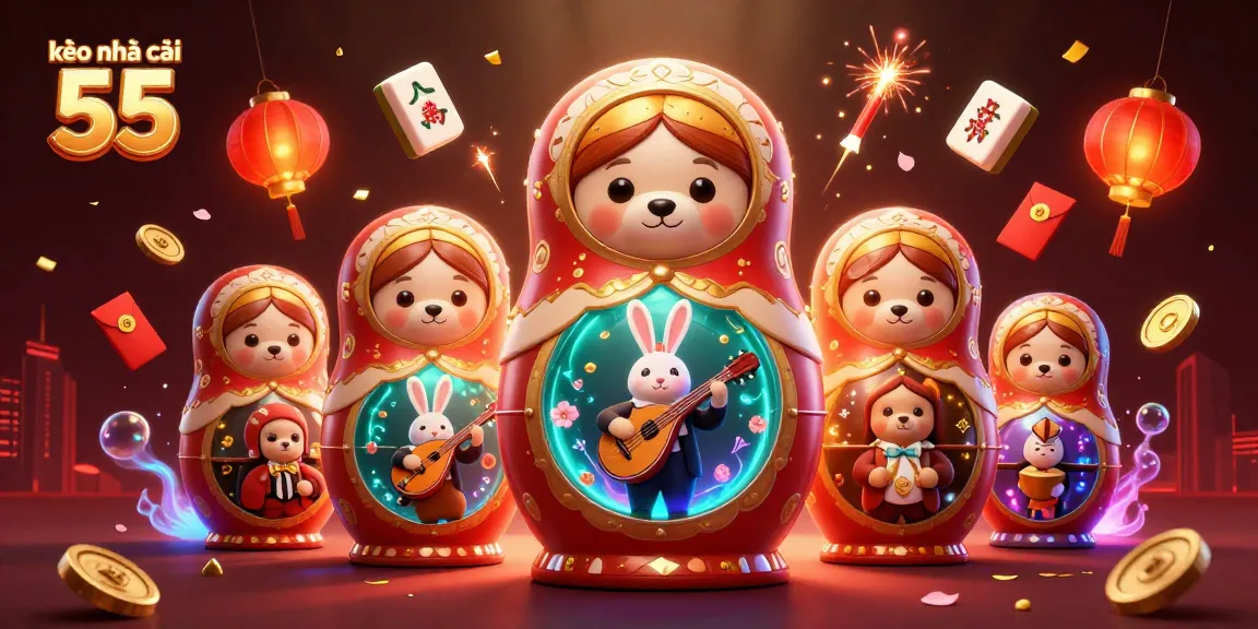 Kèo nhà cái 55 showcased in a vibrant 3D casino scene with playful characters and festive decorations.