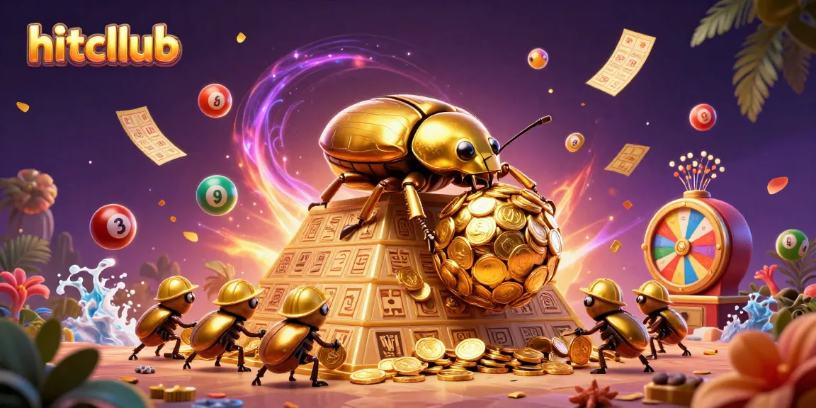 Engage with hitcllub's vibrant gaming experience showcasing gold beetles, coins, and lottery elements.
