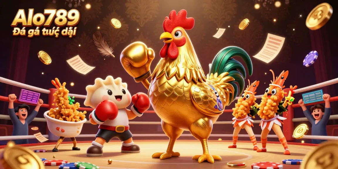 Alo789 Đá gà trực tiếp showcases an exhilarating cockfighting scene with vibrant characters and dynamic betting elements.