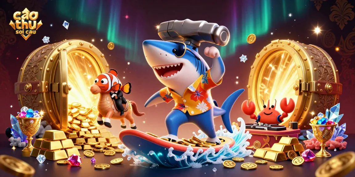Experience the excitement of cao thu soi cau with a dynamic 3D casino-themed illustration showing a shark, clownfish, and crab.
